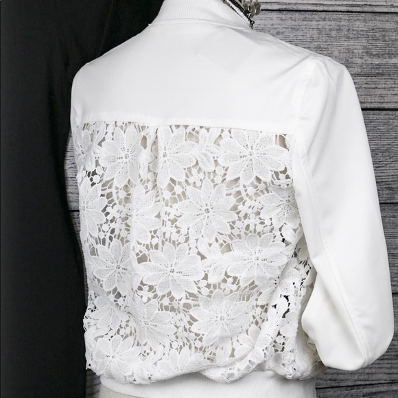 White Flower Open Lace Back Bomber - Picture 3 of 8